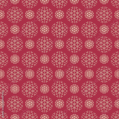 Seamless pattern with snowflakes on dark red background. Vector art.