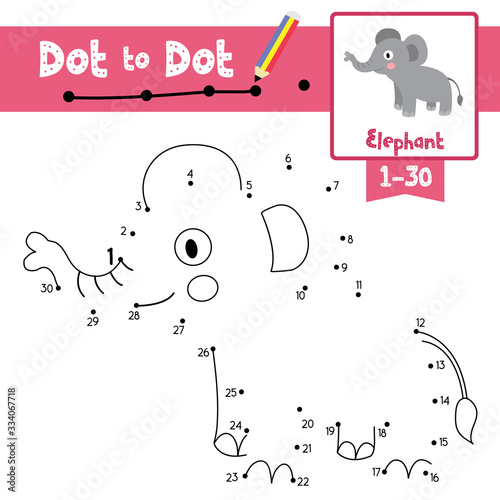 Dot to dot educational game and Coloring book Standing Elephant animal cartoon character vector illustration