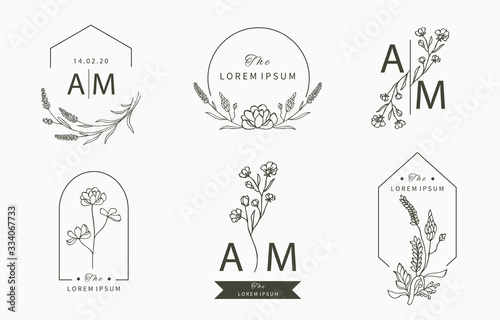 Black flower logo collection with leaves,geometric.Vector illustration for icon,logo,sticker,printable and tattoo photo