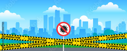 city in quarantine border yellow tape lockdown coronavirus covid 19 pandemic vector illustration