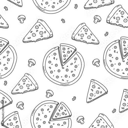 Seamless pizza pattern in cute doodle hand drawn style suitable for background 