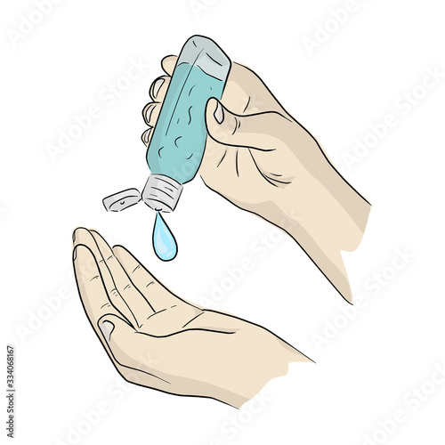 cleaning a hand with alcohol gel vector illustration sketch doodle hand drawn isolated on white background
