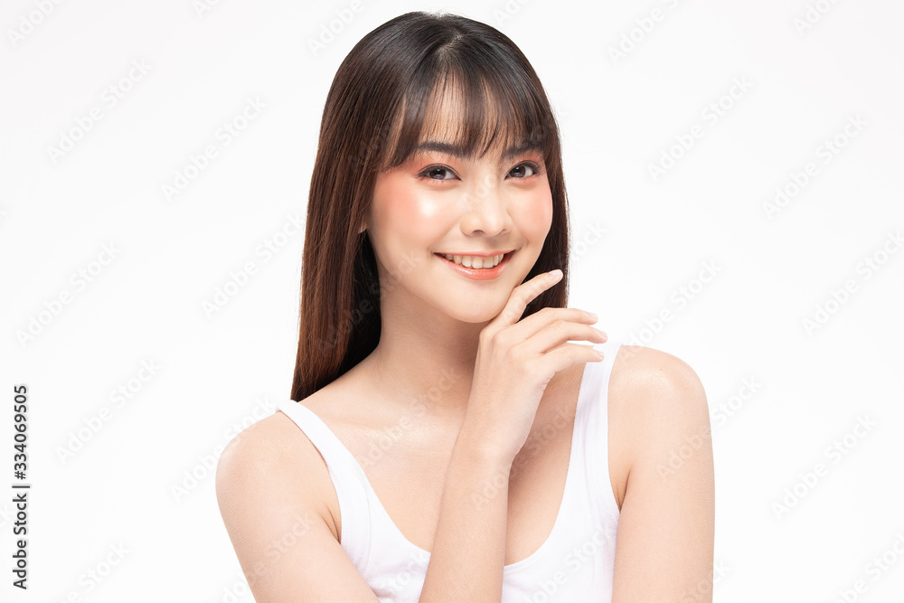 Young Beautiful Asian woman smile with clean and fresh skin Happiness and cheerful touching chin with positive emotional,isolated on white background,Beauty Cosmetics and spa Treatment Concept Young Beautiful Asian woman smile with clean and fresh skin Happiness and cheerful touching chin with positive emotional,isolated on white background,Beauty Cosmetics and spa Treatment Concept