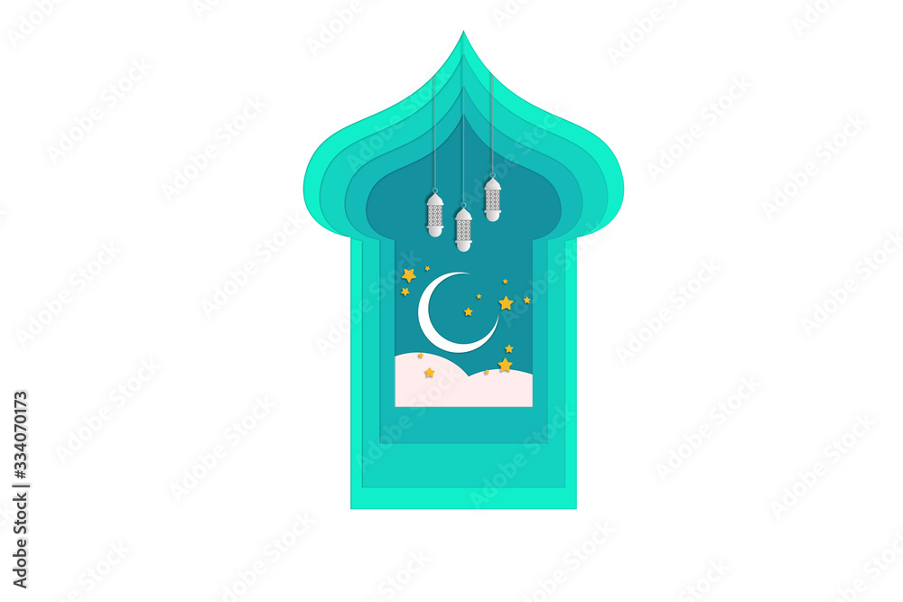 Obraz premium Papercut illustration of mosque shape, cloud, star arabic lamp and crescent moon on green. Holiday and religion concept.
