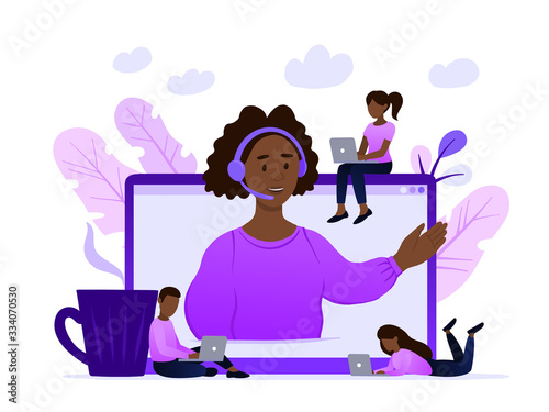 Concept customer and operator, online technical support 24-7 for web page. Vector illustration african american female hotline operator advises client. Online assistant, virtual help service.