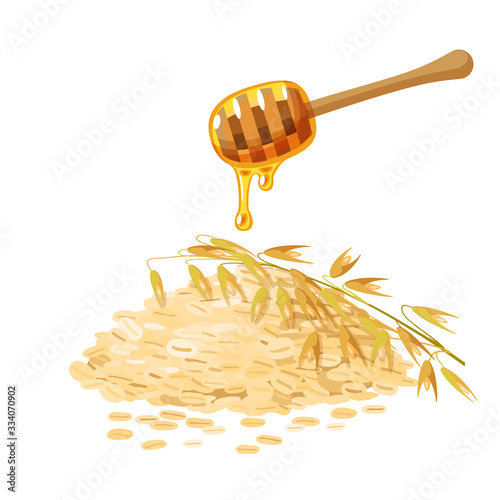 Ingredients for healthy breakfast. Honey dipper, oat grain and spike ear. Vector illustration cartoon flat icon isolated on white.
