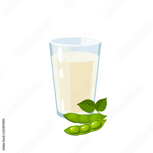 Dairy-free soy milk glass, green soybean pod with leaves. Vector illustration cartoon flat icon isolated on white.