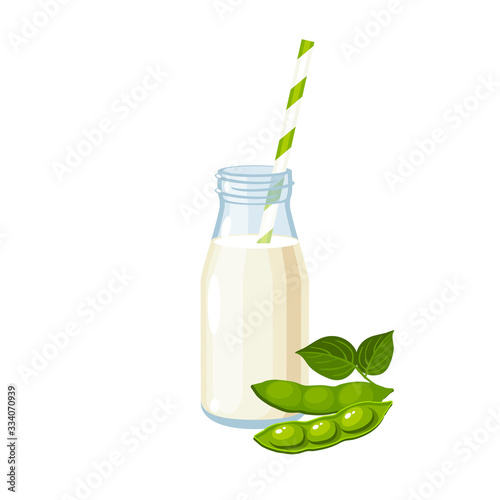 Dairy-free soy milk bottle with straw, green soybean pod with leaves. Vector illustration cartoon flat icon isolated on white.