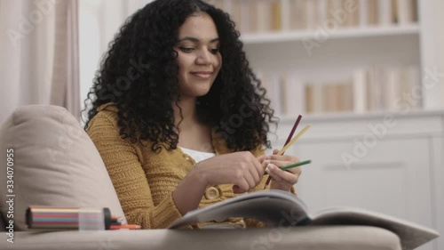 Young Female colouring book with pencil on sofa in living room photo