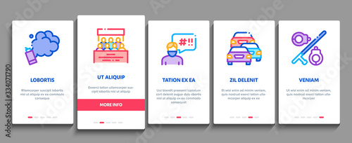Protest And Strike Onboarding Mobile App Page Screen Vector. Plant Workers Protest, Respiratory Mask And Burning Liquid Bottle, Police Tool And Van Color Contour Illustrations