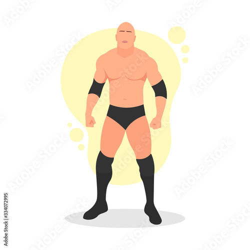 Standing big muscular bald male pro wrestler. Professional athlete. Sports entertainment. Muscle body. Fighting sport concept. Wrestling show. MMA Fighter - Simple flat vector character illustration.