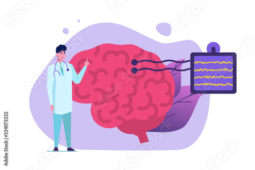 Neurology diagnostics, neurobiology concept vector illustration. Neurologist Tiny doctors treat, inspection check human Brain.