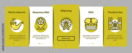 England United Kingdom Onboarding Mobile App Page Screen Vector. England Flag And Pound Sterling Coin, Bus And Cab Taxi, Big Ben And Tower Bridge Color Contour Illustrations