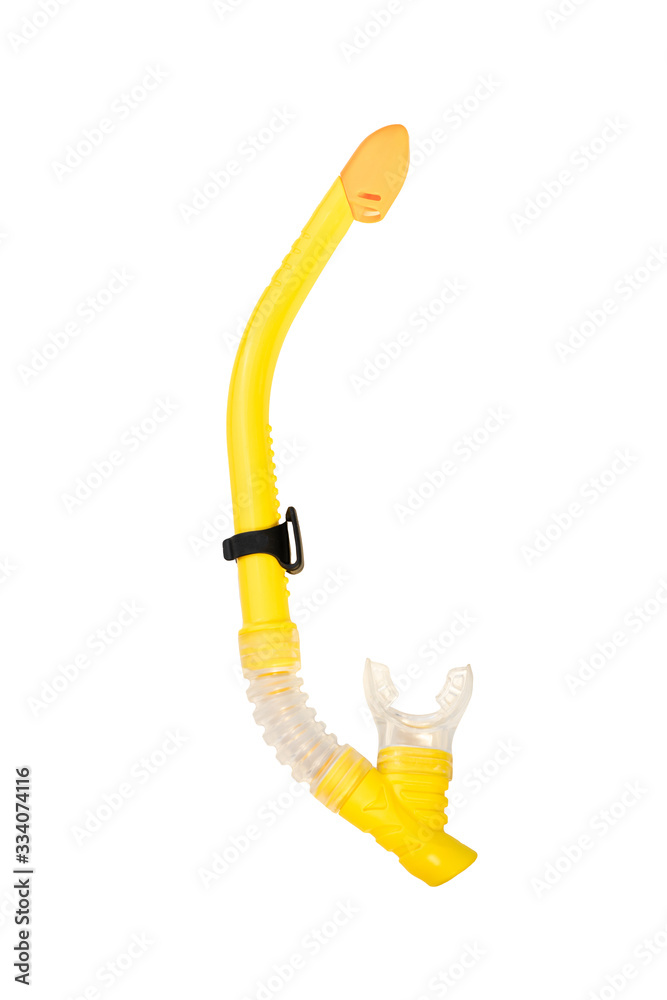 flat lay shot of yellow snorkel or tube for diving isolated on white background flat lay shot of yellow snorkel or tube for diving isolated on white background