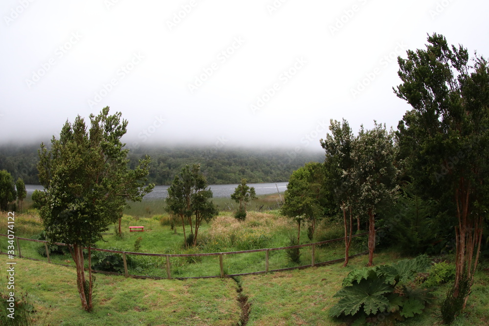 paisaje con niebla lago cucao