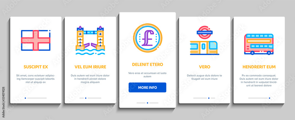England United Kingdom Onboarding Mobile App Page Screen Vector. England Flag And Pound Sterling Coin, Bus And Cab Taxi, Big Ben And Tower Bridge Color Contour Illustrations