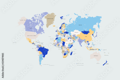 Coloured world map. colourful world countries and countries names. vector illustration.