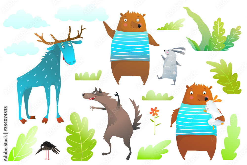 Animals characters for kids design. Moose, Bear, Wolf, rabbit funny cartoon watercolor style clip art vector.