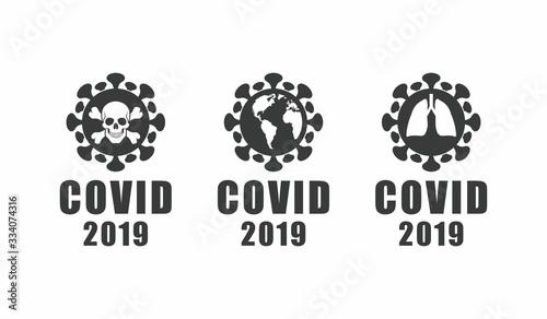 Set of black and white illustrations of coronavirus, skull, lungs and earth with text on a white background. Vector illustration on a medical theme and the epidemic of coronavirus. Covid-19.