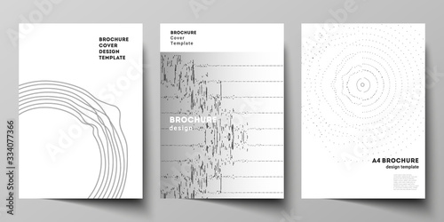 The vector layout of A4 format modern cover mockups design templates for brochure, magazine, flyer, booklet. Trendy modern science or technology background with dynamic particles. Cyberspace grid.