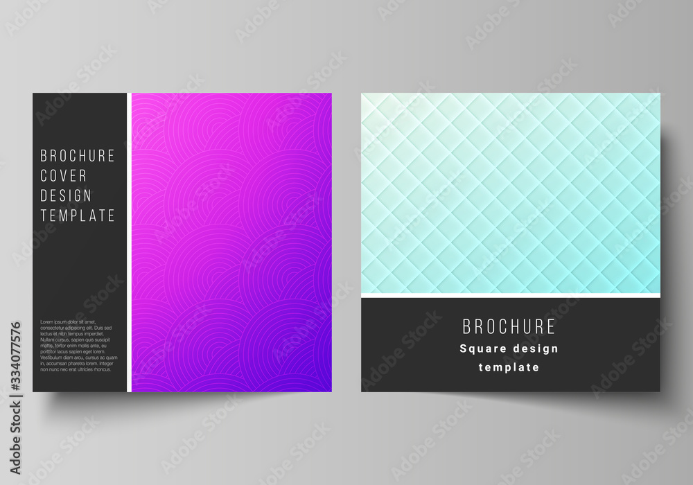 The minimal vector illustration of editable layout of two square format covers design templates for brochure, flyer, magazine. Abstract geometric pattern with colorful gradient business background.