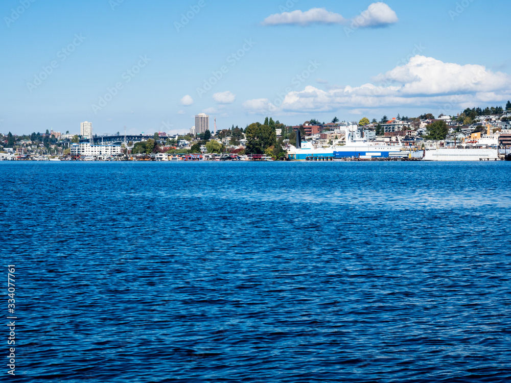 Southeastern shores of Lake Union on a sunny day, view from Lake Union Park
