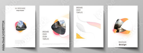 Vector layout of A4 format modern cover mockups design templates for brochure, magazine, flyer, booklet, report. Yellow color gradient abstract dynamic shapes, colorful geometric template design.