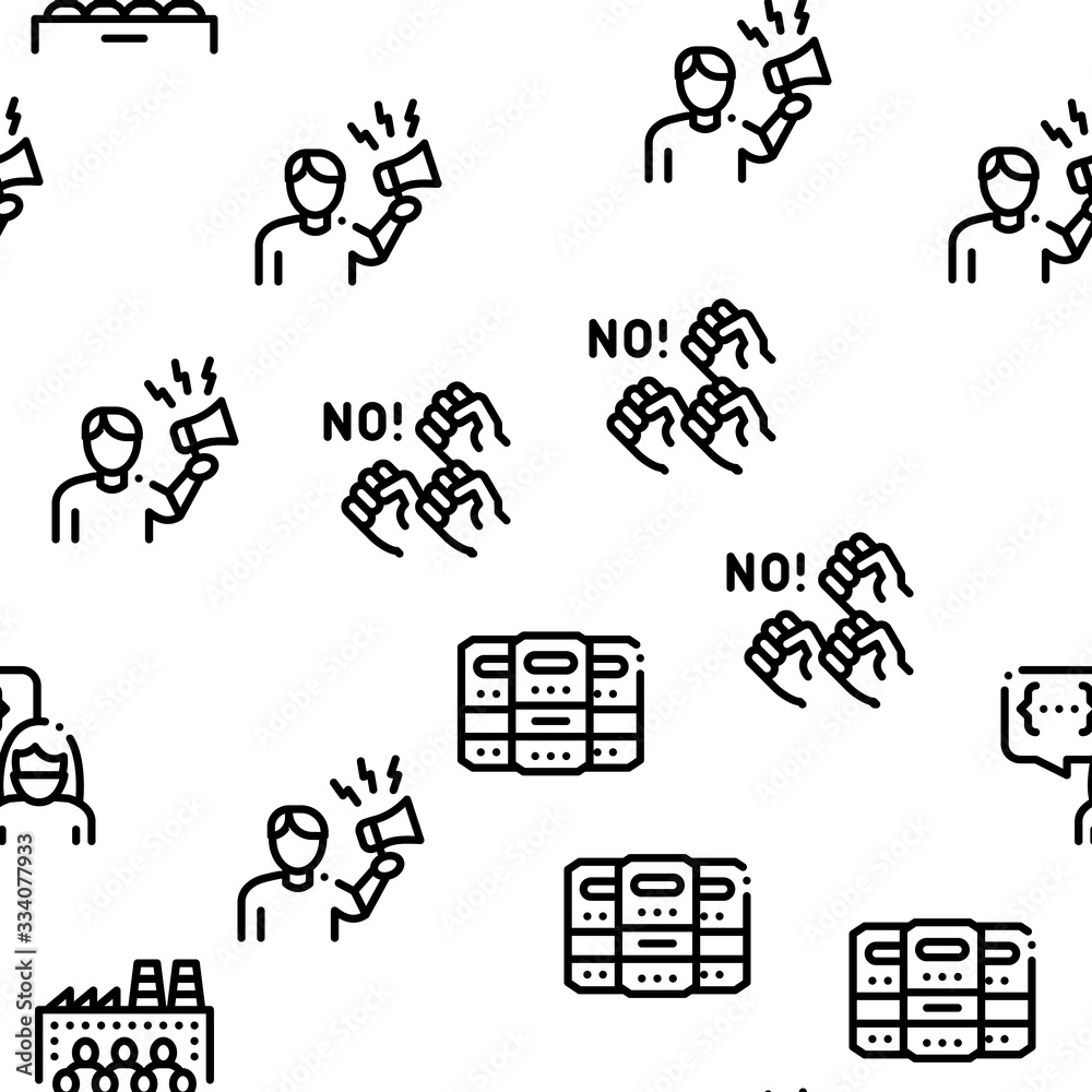 Protest And Strike Seamless Pattern Vector Thin Line. Illustrations Protest And Strike Seamless Pattern Vector Thin Line. Illustrations