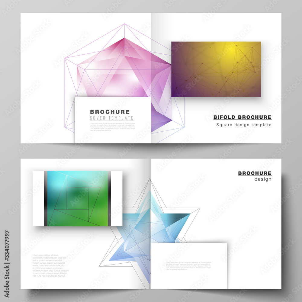 Vector layout of two covers templates for square design bifold brochure, magazine, flyer, booklet. 3d polygonal geometric modern design abstract background. Science or technology vector illustration.