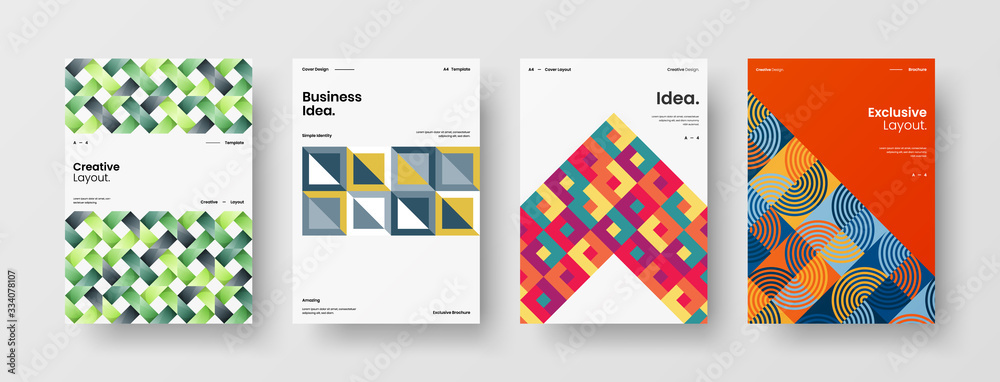 Fototapeta premium Business presentation vector A4 vertical orientation front page mock up set. Corporate report cover abstract geometric illustration design layout bundle. Company identity brochure template collection.