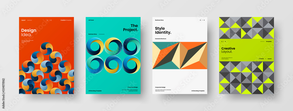 Business presentation vector A4 vertical orientation front page mock up set. Corporate report cover abstract geometric illustration design layout bundle. Company identity brochure template collection.