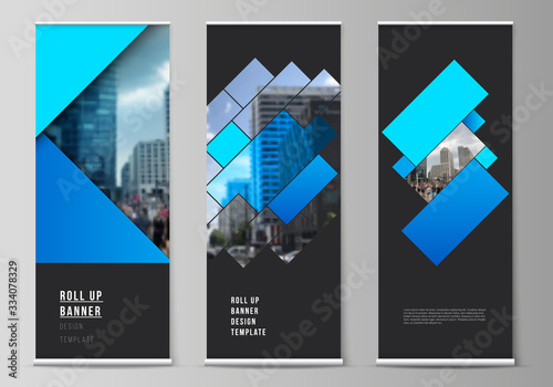 The vector illustration of the editable layout of roll up banner stands, vertical flyers, flags design business templates. Abstract geometric pattern creative modern blue background with rectangles.