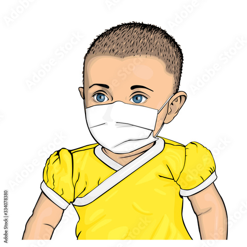 Vector colored illustration of baby with blue eyes in yellow bodysuit with medical mask on face