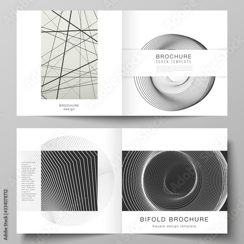 The vector layout of two covers templates for square design bifold brochure, magazine, flyer, booklet. Geometric abstract background, futuristic science and technology concept for minimalistic design.