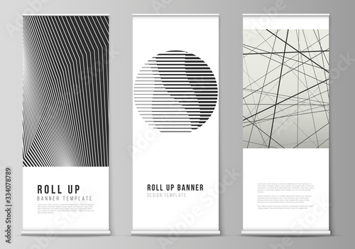 Vector illustration layout of roll up banner stands, vertical flyers, flags design business templates. Geometric abstract background, futuristic science and technology concept for minimalistic design.