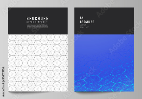 Vector layout of A4 format cover mockups design templates for brochure, flyer. Digital technology and big data concept with hexagons, connecting dots and lines, polygonal science medical background.