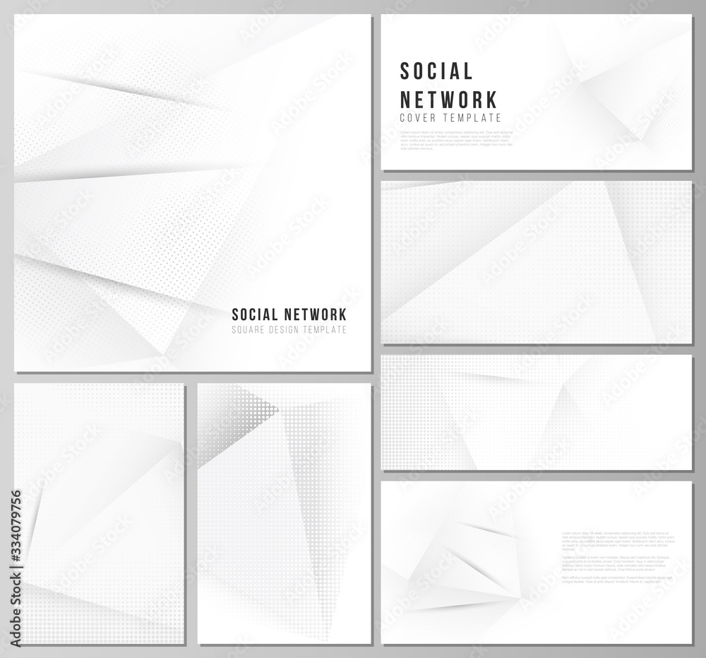 Fototapeta premium Vector layouts of social network mockups for cover design, website design, website backgrounds or advertising mockups. Halftone dotted background with gray dots, abstract gradient background.