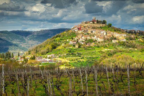 The Motovun  old mediterranean town with the surrounding countryside on the peninsula of Istria  Croatia  Europe.