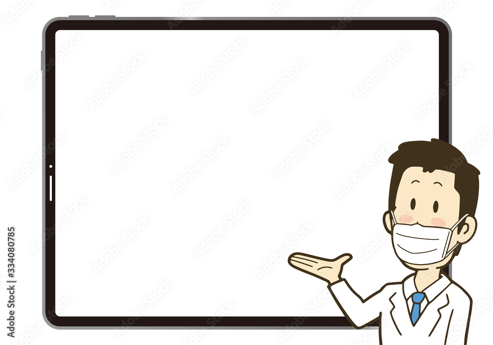 大きなタブレットの画面を背に説明している男性 マスク&白衣 大きなタブレットの画面を背に説明している男性 マスク&白衣