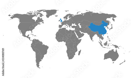 United kingdom  china highlighted on world political map. Gray background. Business concepts  health  trade  transport.