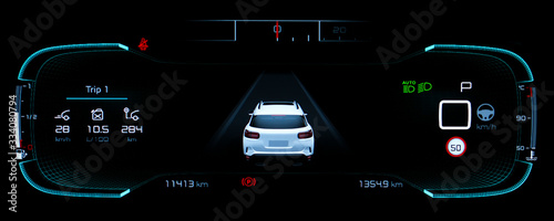 Illuminated car dashboard panel with speedometer, odometer, fuel gauge, car temperature gauge and brake system icon. Full digital instrument cluster in modern vehicle. All necessary data for driver.