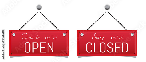 Label sign open and closed set red tone style using as a component about business white background