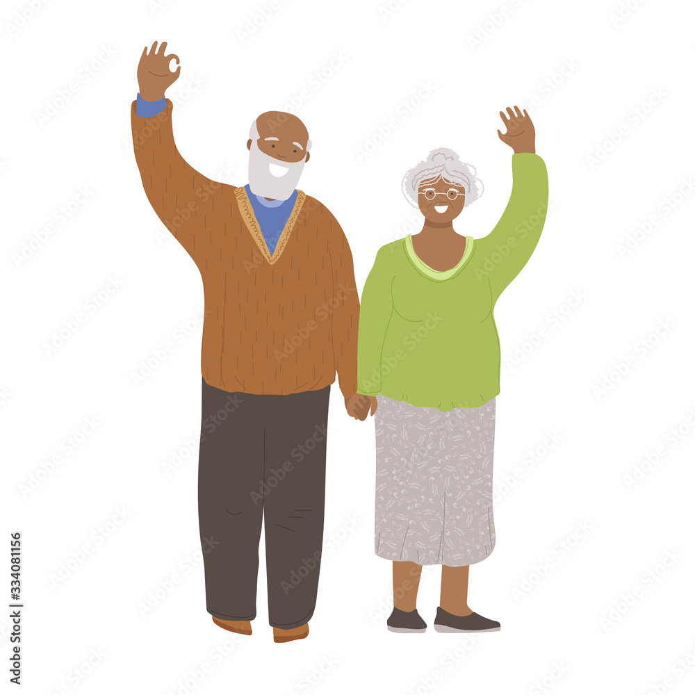 Vector flat illustration of happy cheerful senior couple of african american man and woman, holding hands, waving hands, showing OK Sign. Joyful Older man and woman concept Vector flat illustration of happy cheerful senior couple of african american man and woman, holding hands, waving hands, showing OK Sign. Joyful Older man and woman concept