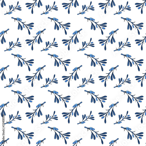 watercolor illustration. hand painted. Seamless pattern of blue sea buckthorn branches with blue berries and leaves on a white background.