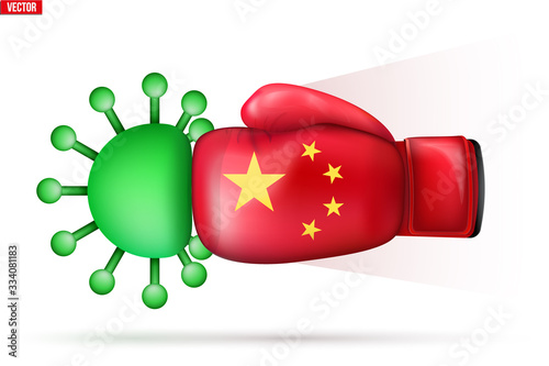 Coronavirus defeated in China. Kick the virus with boxing glove in China flag. The virus is attacked by chinese medicine. Coronavirus glove strike. Vector Illustration isolated on white background.