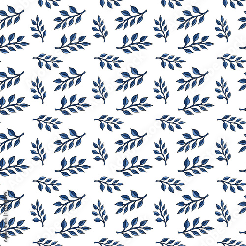 watercolor illustration. hand painted. Seamless pattern of blue branches with leaves on a white background.