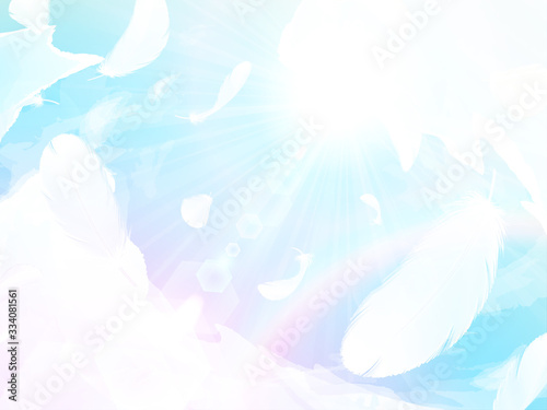 虹色の空に舞う羽根の背景イラスト