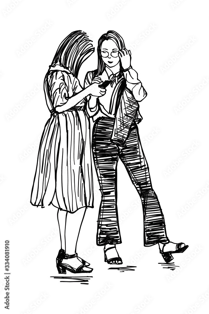Illustration Hand drawn Sketch - Two Asian women hold cell telephones and stand to talking, outline vecter.