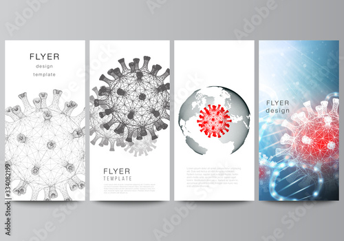 Vector layout of flyer, banner design template for website advertising design, vertical flyer, website decoration. 3d medical background of corona virus. Covid 19, coronavirus infection. Virus concept