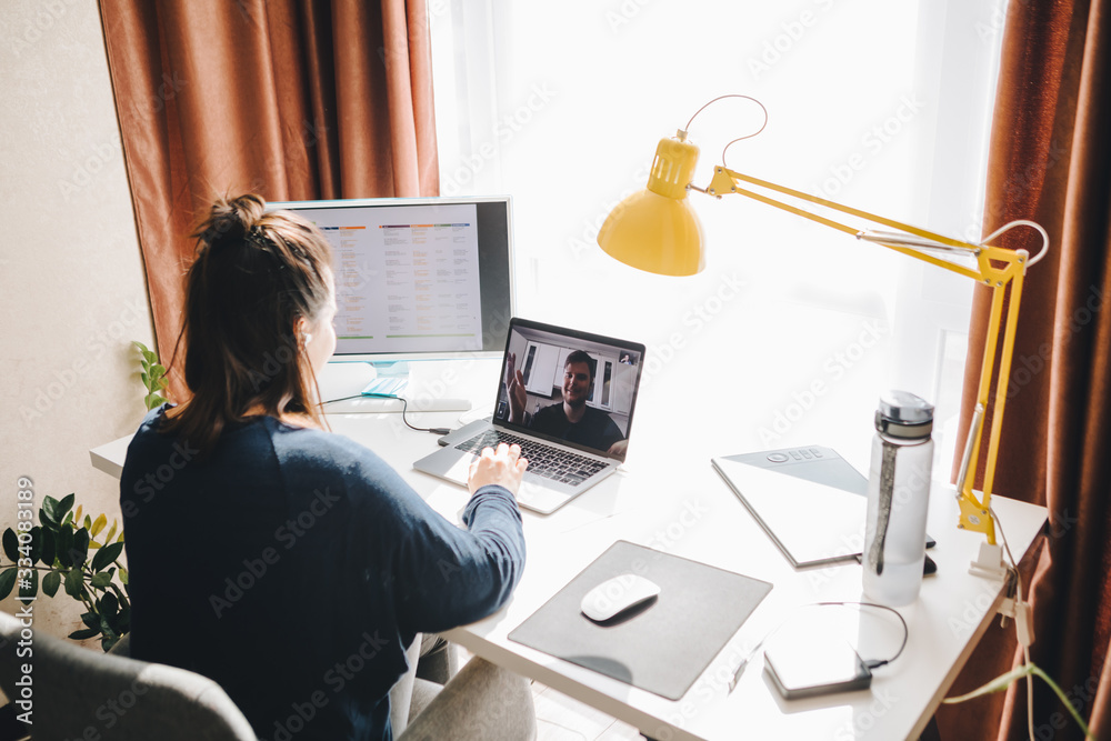 man and woman have conversation online. home office. telework.
